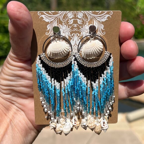 Handmade Beaded Long Tassel Fringe Dangle Drop Mermaid Post Shell Earrings - Picture 6 of 7